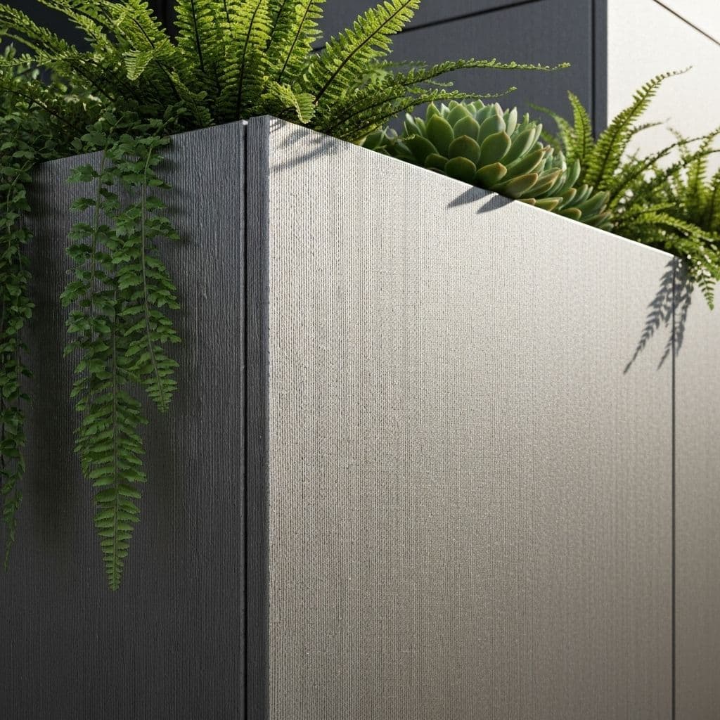 TERRABLOCK planters beside corten-clad office facade